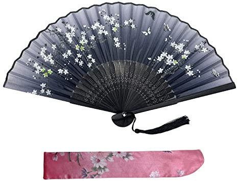 Kibon Folding Fans, Handheld Fans, Hand Fans, Bamboo Fans with Tassel for Birthday Gifts Dancing Cosplay Wedding Party Props Decoration (Light Black)