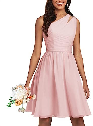 WSEYU Robe courte de demoiselle d'honneur plissée en mousseline de soie sans manches, Rose pâle., 48