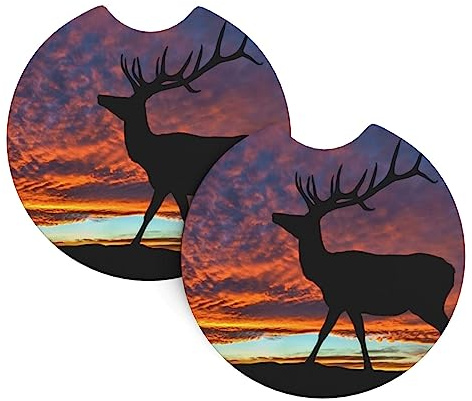 Red Deer Bull Elk Sunset Printed Car Coasters 2 Pack Car Cup Holder Coaster Universal Non-Slip Cup Holders Car Cup Mat with A Finger Notch Auto Accessories