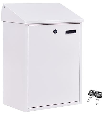 GiantexUK Wall Mounted Post Box, Large Lockable Mailbox with Keys, Weather Resistant Letterbox Newspaper Holder, 32 x 21 x 48cm (White)