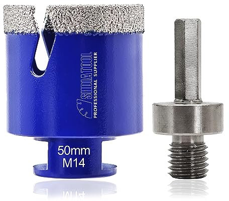 Diamond Tile Drill Bit Diamond Hole Saw Drill Bit - M14 for Tile Porcelain Ceramic Marble Granite Drill Holes, for Angle Grinders, 50mm and a Hex Shank Adapter
