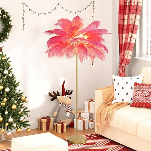 KOSHSH Stehlampe Federn Gold,Modern Feder lampe Stehlampe Wohnzimmer 160cm LED Stehlampe federlampe mit 3-Farbig Dimmbarem Stehleuchte Für Esszimmer, Sofa, Ecke (Pink)