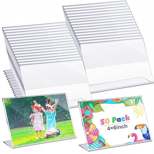 Soaoo 50 Pcs Acrylic Picture Frames Bulk 4 x 6 Inch Plastic Sign Holder Clear Frame Horizontal L Shape Acrylic Photo Slanted Back Plastic Picture Display Stand Flyer Holder for Office Home Desktop
