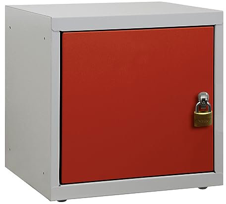 PROREGAL Schließfachwürfel Blocky mit Drehriegelschloss für Vorhängeschloss | HxBxT 40x40x40cm | Lichtgrau/Rot | Schließfachschrank Metallspind Wertfachschrank