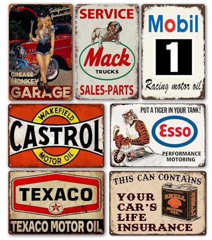 7er Set Retro Garage Deko Blechschilder Vintage Motorrad Garage Metall Poster Werkstatt Blechschild Auto Bar Schild Benzin Motoröl Laden Wandschild 8x12 Inch