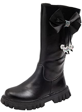 DUHGBNE Scarpe per bambini Stivali lunghi Stivali alti Autunno e Inverno Ragazze Stivali di pelle con fondo morbido Stivali di gomma 34, Nero , 37 EU