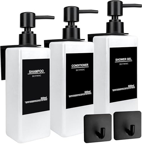 Seifenspender Wandbefestigung, Shampoo Flaschen zum Befüllen Mit 32 Wasserdichten Etiketten, Seifenspender Wandbefestigung Ohne Bohren, Badezimmer Seifenspender Set, 500ml, 3 Stück, Schwarz Weiß