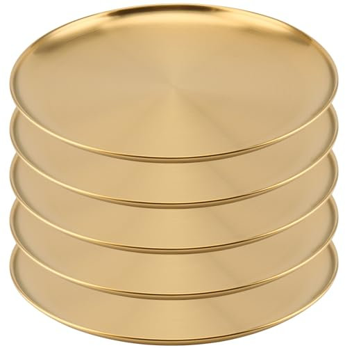 MOUYAT 5 Pcs 26cm Stainless Steel Plate, Round Serving Dishes, Unbreakable Metal Dinner Plates for Camping, Barbecue, Picnics, and Outdoor Use, Gold