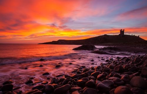 GUOHLOZ 1000pc Premium Jigsaw Puzzle - Every Piece is Unique - Challenging Adult Family Fun Game, Sea, England, Northumberland County, Dunstanborough Castle, 75x50cm