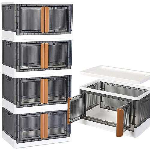 Everesta Folding Storage Box with Doors -Stackable Storage Bins with Lids Wheels Front Door Open Large Container for Living Room Toys Snacks, Kitchen Bedroom Bathroom 49x31x30 CM (White 32L 4-Pack)