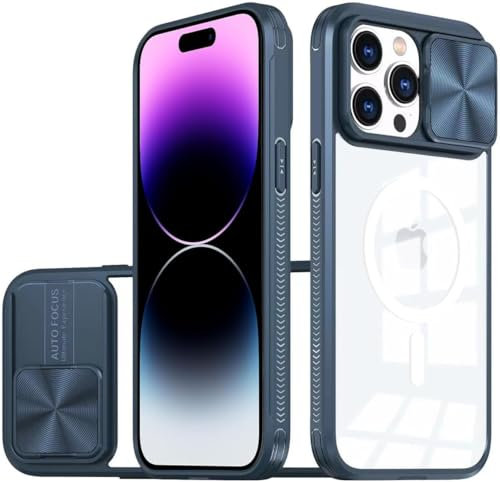 MEIQIBAO Cover per iPhone 13 Pro Custodia Magnetismo trasparente Protezione Copri Fotocamera Scorrevole Ultra Sottile Rigida Hard Antiurto Antigraffio Antiscivolo Shockproof Protettiva Case blu