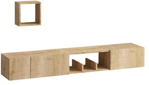 Calicosy Meuble TV Suspendu 1 Niche 3 Portes Décor Chêne Saphir Avior - L180 cm - Gain de Place - en Panneaux de Particules Recouvert de Décor Mélaminé - pour Salon - l32 x L180 x H25 cm