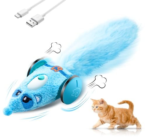 Migipaws Interactive Cat toys, Automatic & Plush Cat Mouse Toy for Indoor Cats, Smart Moving Kitten Toy with Fluffy Tail, Rechargeable (Blue)
