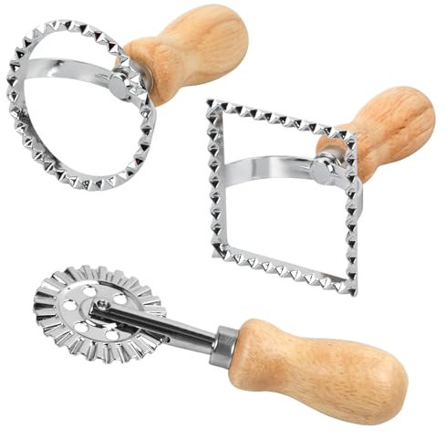 Wisebom Ravioli Stamp Maker Cutter, Square Round Ravioli Maker Mold with Wooden Handle and Fluted Edge, Ravioli Maker Machine with Roller Wheel Set for Making Ravioli Pasta Dumplings (3 Set)