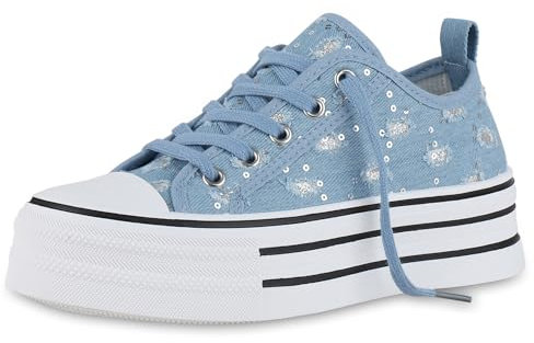 VAN HILL Damen Plateau Sneaker Keilabsatz Denim Trendy Schuhe 214562 Hellblau Denim 38