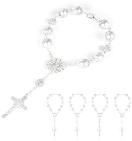 SWAWIS 10 Stück Taufe Rosenkranz Armband Kreuz Armband Rosenkranz Katholisch Taufe Deko Kommunion Mädchen für Geburtstage, Kommunion Gastgeschenke Taufe Party Rosenkranz Auto, Weiß