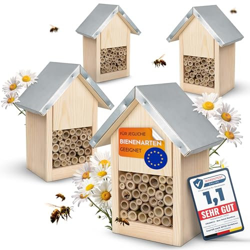 4 Stück Oramics Bienenhotel mit Bambusröhrchen für Insekten, Bienen, Hummeln und Wildbienen – Insektenhotel mit Metalldach – Wildbienenhotel als Nisthilfe für Wildbienen inklusive Bambus Nisthülsen