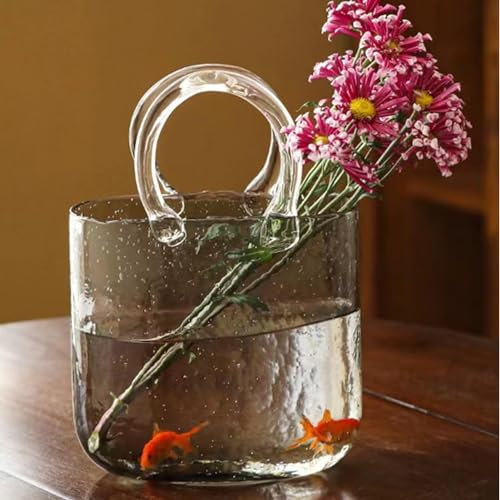 Vase À Sac en Verre Vase Sac Main Vase pour Fleurs en Verre avec Bol À Poisson, Vase en Forme De Sac À Main pour Fleurs, Vase Transparent Soufflé À La Main