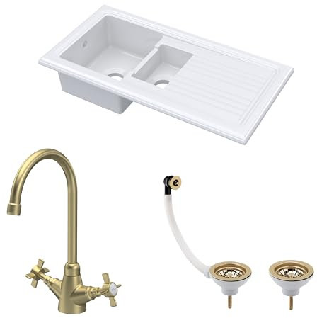 Balterley Ceramic Kitchen Sink with Drainer, Tap, Waste with Overflow, 101cm Inset Counter Top, 1.5 Double Bowl Fireclay White Sink with Mono Crosshead Tap, Reversible Sinks (White/Brushed Brass)