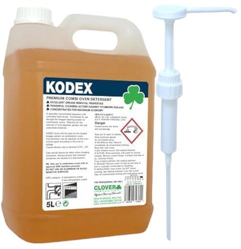 Clover Kodex Premium Combi Oven Detergent Food Grease Oil Removal Concentrate 5 Litre and Pelican Pump Dispenses 30ml