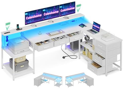Coleshome Gaming Tisch mit 7 Schubladen & Großzügigem Stauraum, 199.5×145.5cm Eckschreibtisch mit RGB LED, Reversibler Schreibtisch L Form mit 2 Steckdosen, Ideal für Büro & Gaming, Weiß