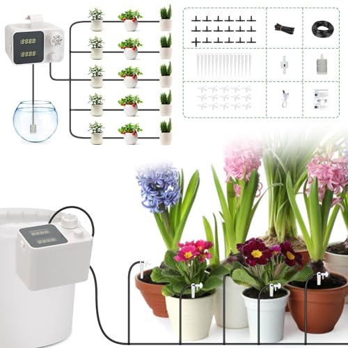 Skyspher Automatic Plant Watering System Programmable Timer LED Display & USB Power Indoor Drip Irrigation Kit for Potted Plants, Nozzle Type