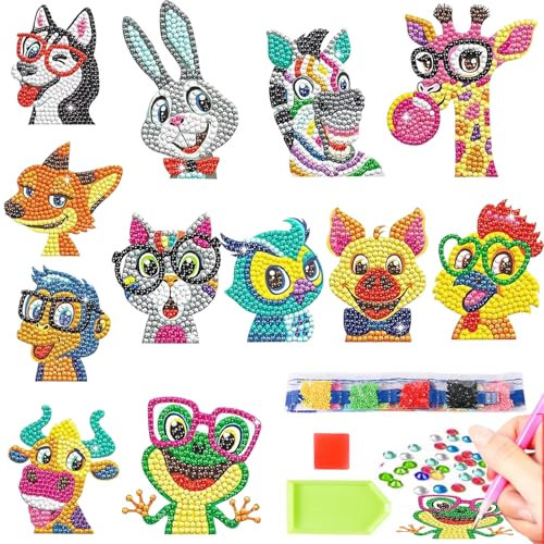 Diamond Painting Kinder, 12 Stück Kleine Tiere 5D Cartoon Diamantmalerei, DIY Diamant Aufkleber Kit, Geschenk Jungen Bastelset für Jungen Mädchen Weihnachten, Erntedankfest und Neujahrsgeschenke