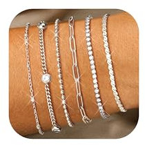 Diamday 6Pcs Silber Armband Damen Edelstahlarmband Set Einstellbare Armbänder Stack Beaded CZ Paperclip Tennis Link Chain Armreif Wasserdicht Damenarmbänder für Frauen