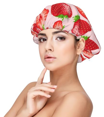 Kawaii Rosa Erdbeerdruck, Satin-Schlafmütze für Erwachsene – Elastische Schlafhaube für Damen, verstellbare Haarabdeckung für die Nacht