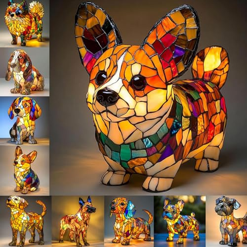Hundelampe Französische Bulldogge & Corgi Harzlampe, LED Nachtlicht aus Kunstharz - Handgefertigte Retro-Tierlampe mit warmem Licht, Schlafzimmerdekoration & Geschenkidee für Hundeliebhaber (K)