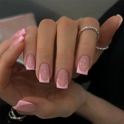 Pink French Tip False Nails - Square False Nails Short - Glossy Fake Nails With Glue - Acrylic Glue On Nail - Full Cover Stick On Nail For Women And Girls Daily Wear - 12sizes, 24pcs