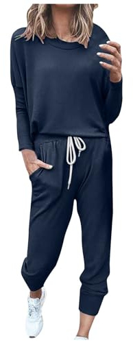 womens clothes Tracksuit Womens Full Set Lounge Wear Sets Sweatsuits Oversized Solid Color Long Sleeve Shirts High Waist Wide Leg Joggers Warm Cosy Soft Nightwear Holiday Dailywear b-Navy XL