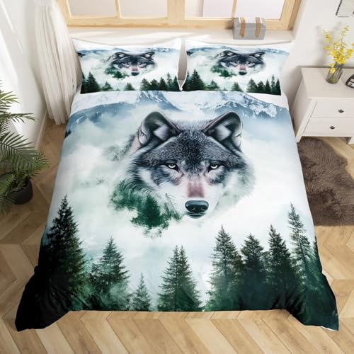 Homewish Wolf Bettwäscheset Bergwald Kiefern Nebel Wald Wölfe Bettbezug Set 135x200 für Kinder Jungen Mädchen Tierliebhaber Teenager,Ästhetisch Wildtiere Bettwäsche Modern Raumdekor Mikrofaser
