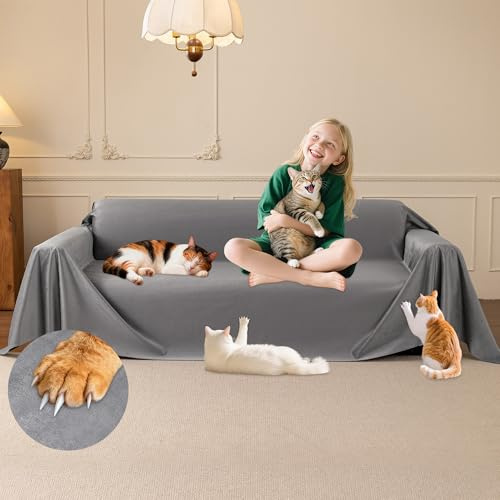 Loiion Waterproof Sofa Cover Anti Scratch Couch Protector Grey, 380x230cm | Scratch-proof Waterproof Velvet Sofa Cover with Non-slip Backing, Protects Against Pet Claws and Spills, Machine Washable