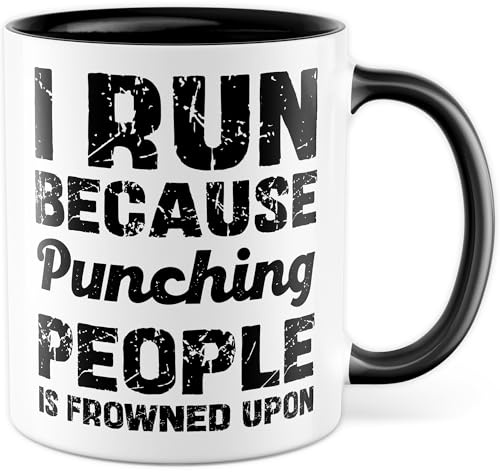 Tasse Running Geschenk I run because punching people is frowned upon, Kaffeetasse Läufer Läuferin Sport Fitness Humor Witzig, Geschenkidee Kaffee Becher Kollege Kollegin Kaffee-Becher