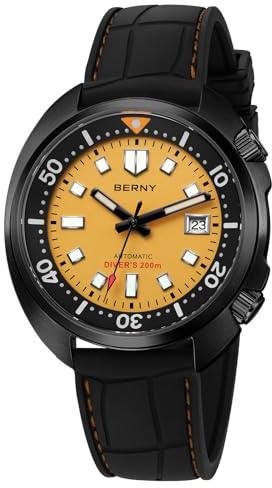 BERNY Schwarze Herren Automatik Taucheruhr, mechanische Armbanduhr | Miyota 8215 Mechanische Armbanduhr, superleuchtend, bidirektional drehbare innere Lünette, Datum