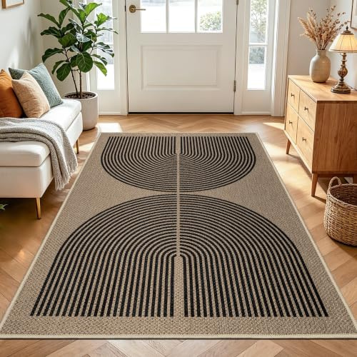 Capslpad Outdoor Teppich 120x180cm, Jute Aussehen Wetterfest, rutschfest Flachgewebe Waschbar Teppiche, Robust Küchenteppich für Wohnzimmer, Balkon, Terrasse, Küche, Garten, Farbe:Schwarz