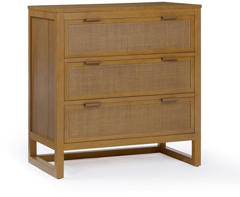 Teamson Home Hatteras Bedroom Dresser Chest of Drawers, Natural, 76 cm | 3 Rattan Inset Drawers, Acacia Veneer Surfaces, Space-Saving Storage Design