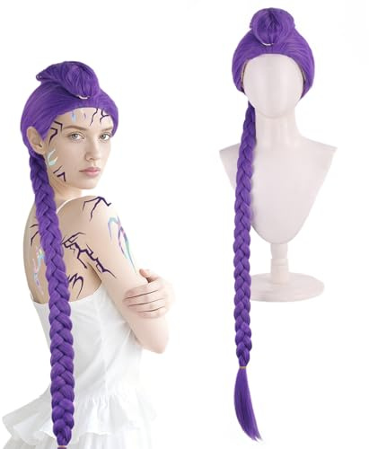 BOOSHMall Jägerkostüm Erwachsene Perücke, Rumi lila Zopfperücke Perücke, 4 Stück Demon Purple Hunter Temporäre Tattoos, Anime Cosplay Costume, Halloween Karneval Fasching Rollenspiel Party Dress-up