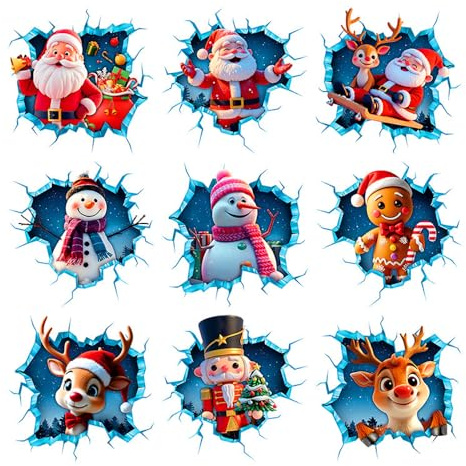 Christmas 3D Wall Stickers 9PCS Santa Claus Breaking Through The Wall Design Large 3D Santa Claus Wall Decals Holiday Xmas Break Through Walls Decor for Window Refrigerator Decoration