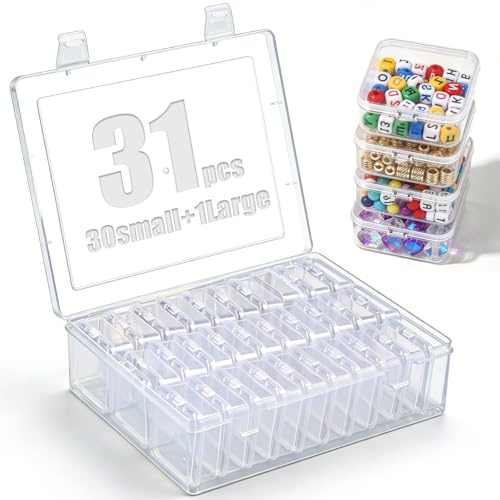 NZNSML Set di 46 scatole portaoggetti per piccoli pezzi (5,5 x 5,5 x 2 cm), mini scatola trasparente per perline da stiro, scatola di immagazzinaggio per gioielli, perline, viti