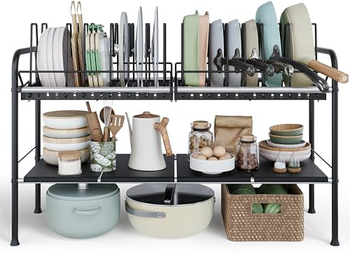 NETEL küchenschrank Organizer,spülenunterschrank Organizer,Erweiterbares küchenregal mit 2 Topfdeckelhalter,Geeignet für Küchen und Badezimmer,Breite ausziehbar (69.3-81cm)