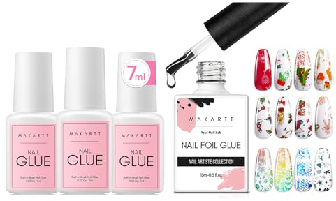 Makartt Nail Foil Glue Gel 15ML with 3PCS 21ml Brush On Nail Glue Set, Nail Transfer Foil Gel for Nail Art Design and Strong Nail Adhesive for Press On Nails, Nail Tips, DIY Manicure Kit