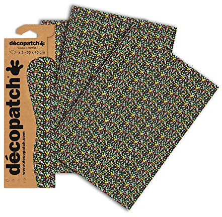 Decopatch C720O - 1 busta da 3 fogli di carta stampata 30x40 cm, Fiori su sfondo nero
