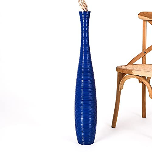 Leewadee Große Deko Bodenvase Für Dekozweige, Hohe Standvase Für Pampasgras, Design Holzvase, 90 cm, Blau