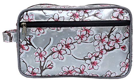 IKURI Wasserdichte Kosmetiktasche - Kulturtasche Waschtasche Utensilio Handarbeit aus Wachstuch - Design Hanami silber