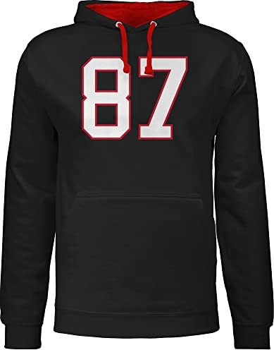 Pullover Herren Frauen Hoodie Kontrast zweifarbig - American Deko Superbowl Party - Football New England 87 - M - Schwarz/Rot - baumwoll geschenke damen footballfans kapuzenpullover fans für