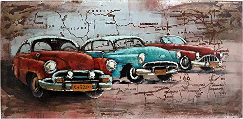Handgefertigtes Metallbild verschiedene Größen Kunst Bild 3D-Optik Wandbild (Oldtimer 3er rot-türkis-rot (ca. 140x70 cm))