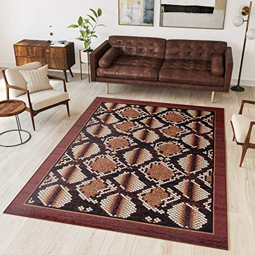 TAPISO Dream Teppich Wohnzimmer Modern Kurzflor Braun Goldbraun Schwarz Meliert Schlange Tiermotiv Bordüre Schlafzimmer ÖKOTEX 130 x 190 cm