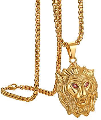 Flongo Herrenkette Männer Anhänger Halskette, Anhänger Halskette Kette aus Edelstahl Gold Golden Löwe Kopf Löwenkopf Punk Rock Motorradfahrer Biker Herren-Accessoires